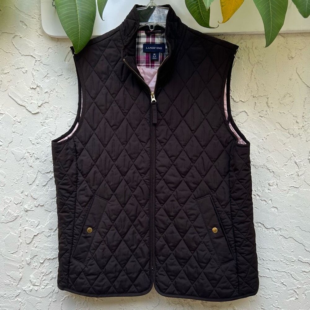 Lands' End Quilted Vest Women's Medium Brown Full Zip Snap Pockets Lined